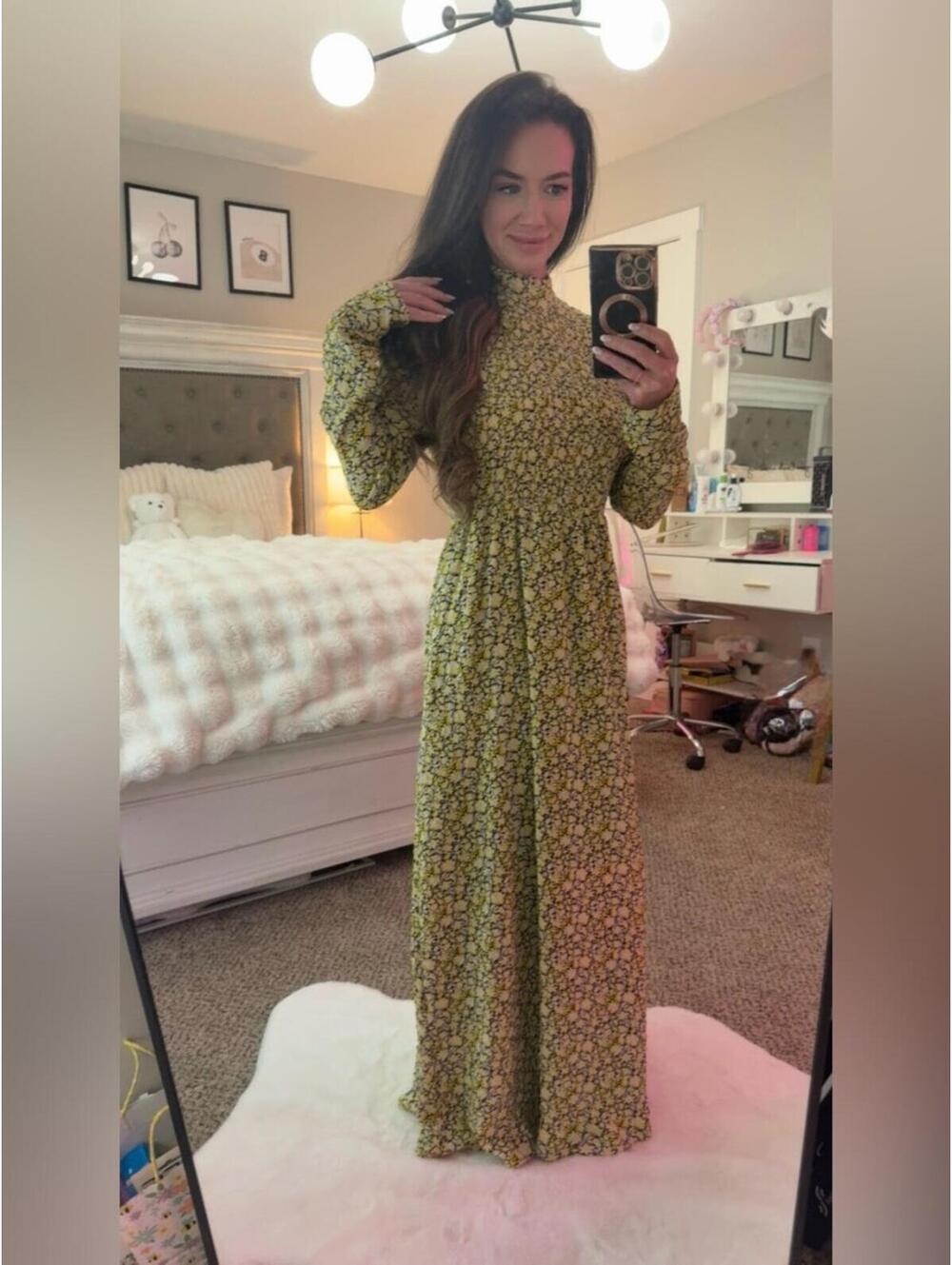 Urban Outfitters Ghospell Mari Floral Shirring Dress 89838007 Yellow Size M NWOT